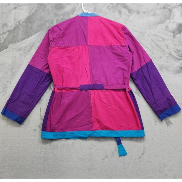 Vintage Jacket Womens M Pink Blue Nepal Reversible Packable Patchwork Belted - Picture 8 of 16